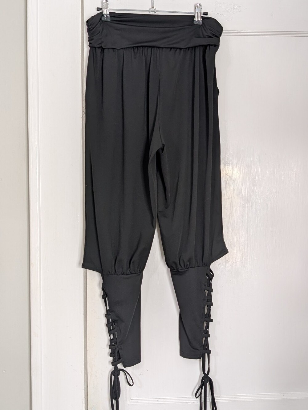 Women's L Black Yoga Pants Lace Up Cutout Calf Stretch Lounge Goth Alternative